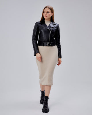 Perfecto en cuir, court avec ceinture