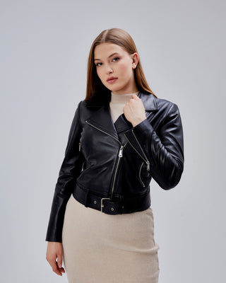 Perfecto en cuir, court avec ceinture