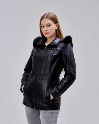 Veste en cuir avec capuche amovible