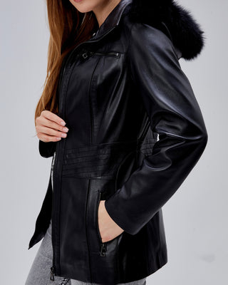 Veste en cuir avec capuche amovible