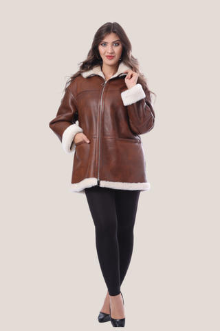 Veste d’hiver femme en cuir d’agneau – intérieur laine de mouton retourné