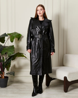Manteau long en cuir avec épaulettes et ceinture