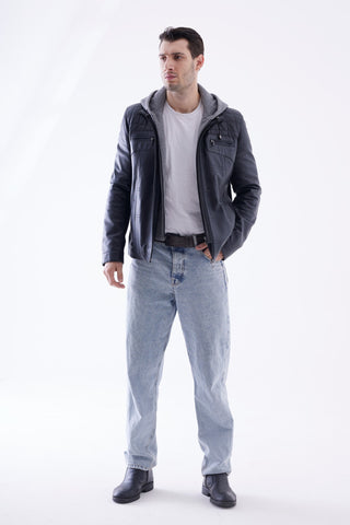 Veste en cuir avec insert pull à capuche