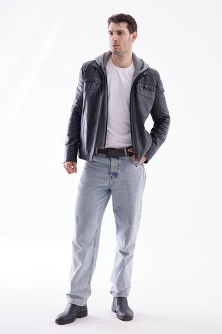 Veste en cuir avec insert pull à capuche