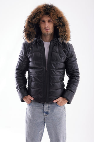 Veste à capuche en cuir matelassé